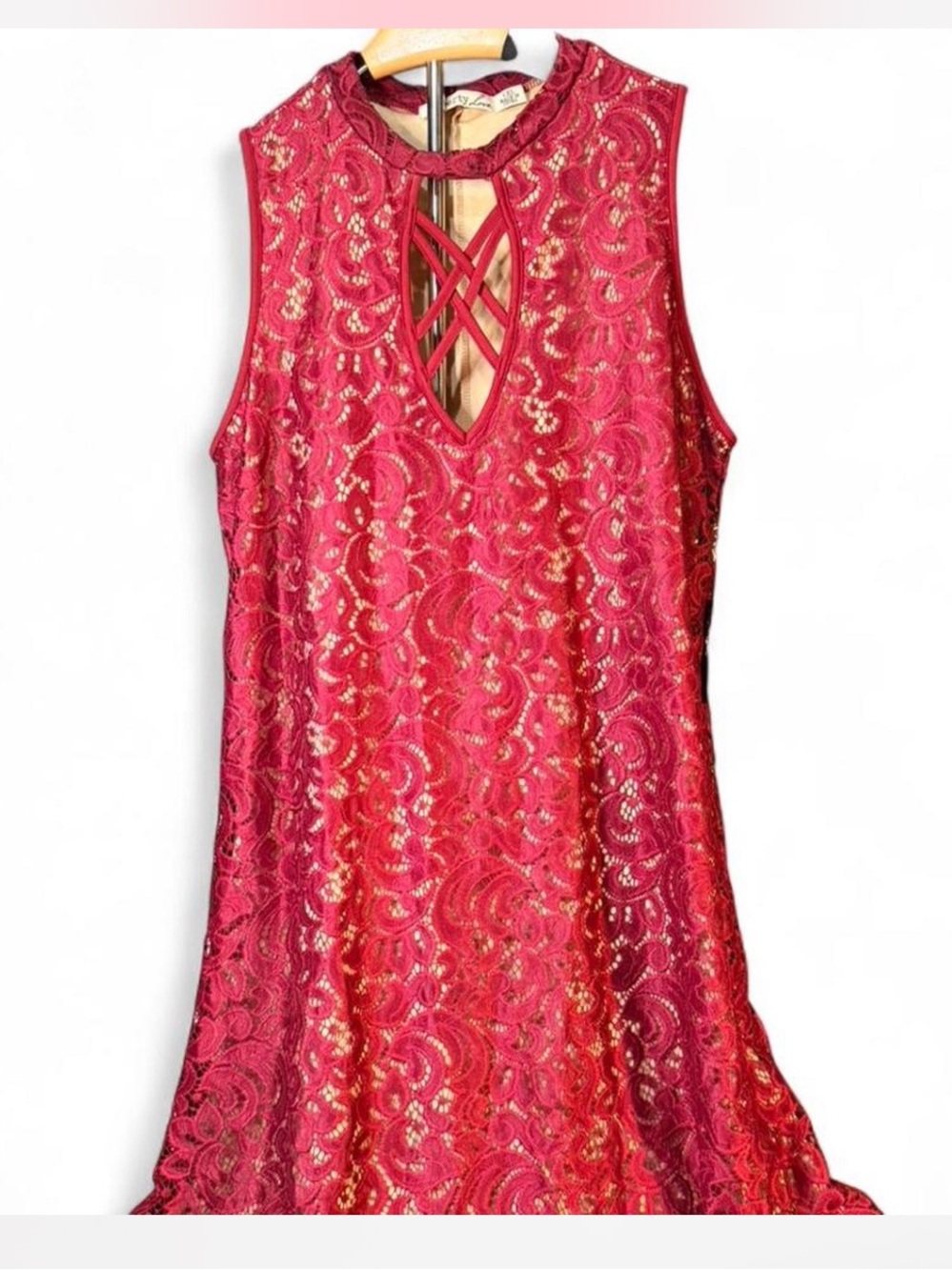 Red Lace Sleeveless A-Line Dress with Crisscross Keyhole & Tan lining.